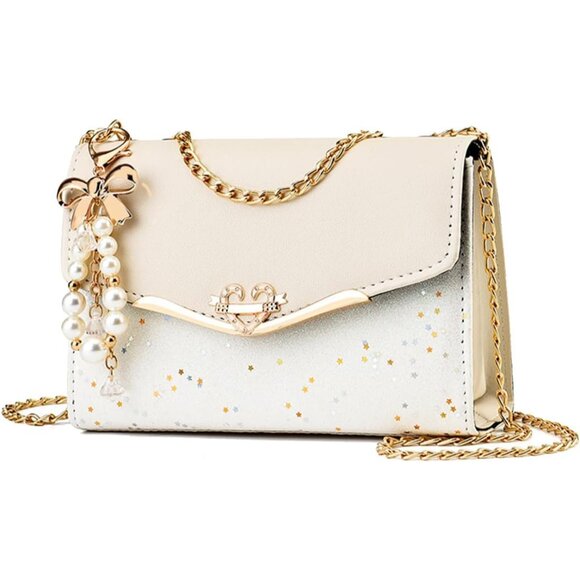 Beige PU Leather Glitter Handbag with Heart & Pearl Decor, Versatile Style - Picture 1 of 9